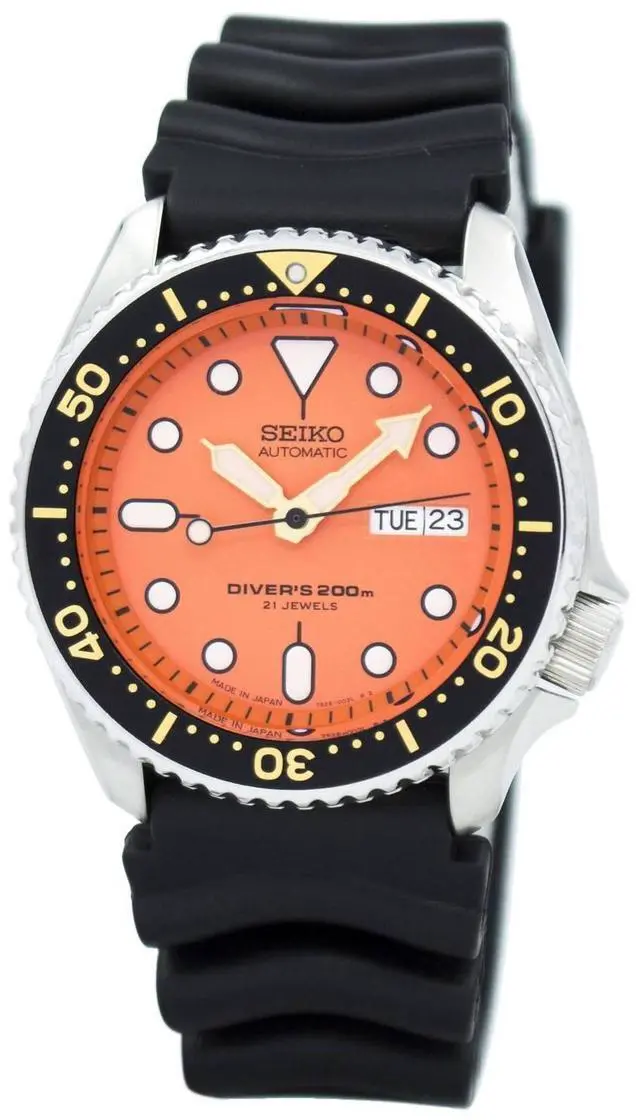 Alt view image 3 of 9 - Seiko SKX011J1 Stainless Steel Automatic Diver Orange Dial Black Rubber Strap