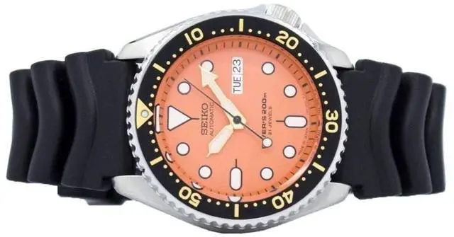 Alt view image 7 of 9 - Seiko SKX011J1 Stainless Steel Automatic Diver Orange Dial Black Rubber Strap
