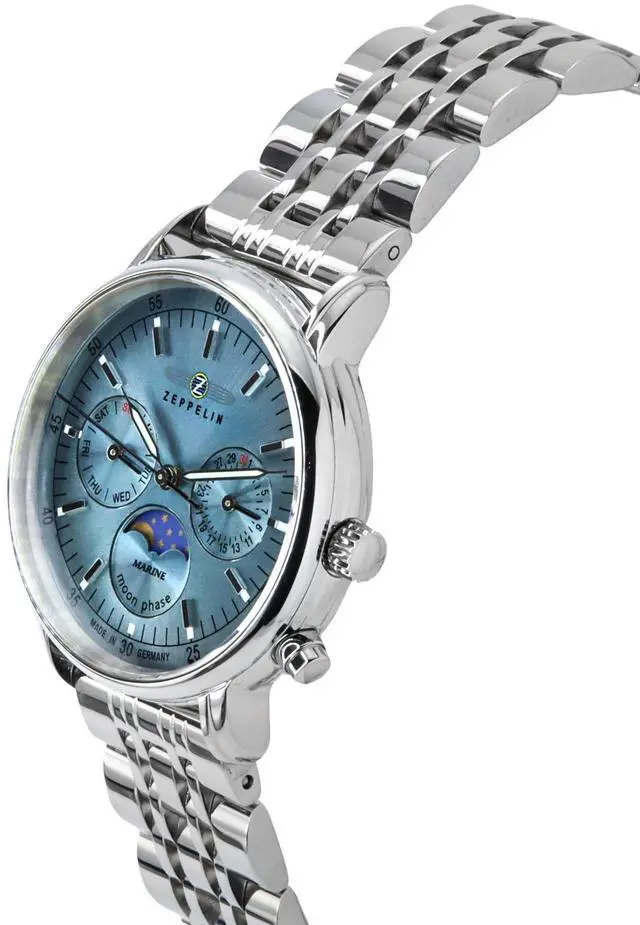 Alt view image 3 of 4 - Zeppelin LZ 14 Marine Moon Phase Ladies Watch Z8637M3 Day/Date 1 Jewel Stainless Steel Blue Dial 50M