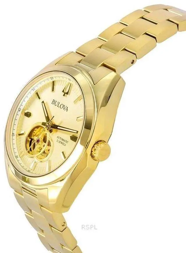 Alt view image 3 of 4 - Bulova Surveyor Open Heart Men's Watch 21 Jewels Automatic 97A182 Gold Tone Stainless Steel Champagne Dial 30M