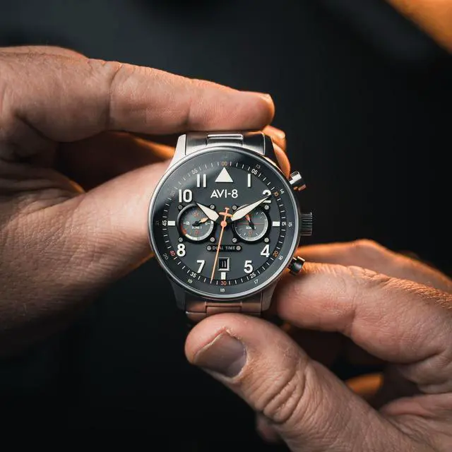 Alt view image 6 of 7 - AVI-8 Hawker Hurricane Carey Dual Time Gutersloh Stainless Steel Blue Dial Quartz AV-4088-22 Men's Watch