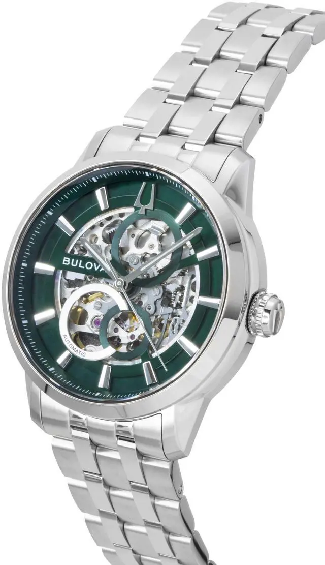 Alt view image 3 of 5 - Bulova Sutton Stainless Steel Green Skeleton Automatic 96A329 Men's Watch