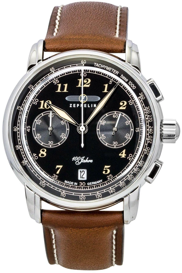 Main image of Zeppelin 100 Jahre Chronograph Leather Strap Black Dial Quartz 76743 Men's Watch