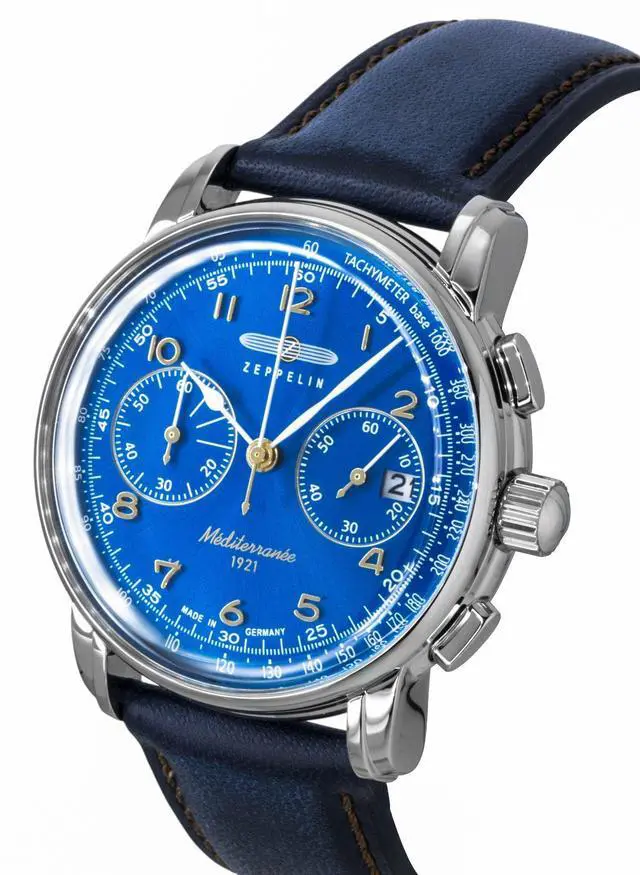 Alt view image 2 of 6 - Zeppelin Mediterranee Chronograph Leather Strap Blue Dial Quartz 96703 Men's Watch