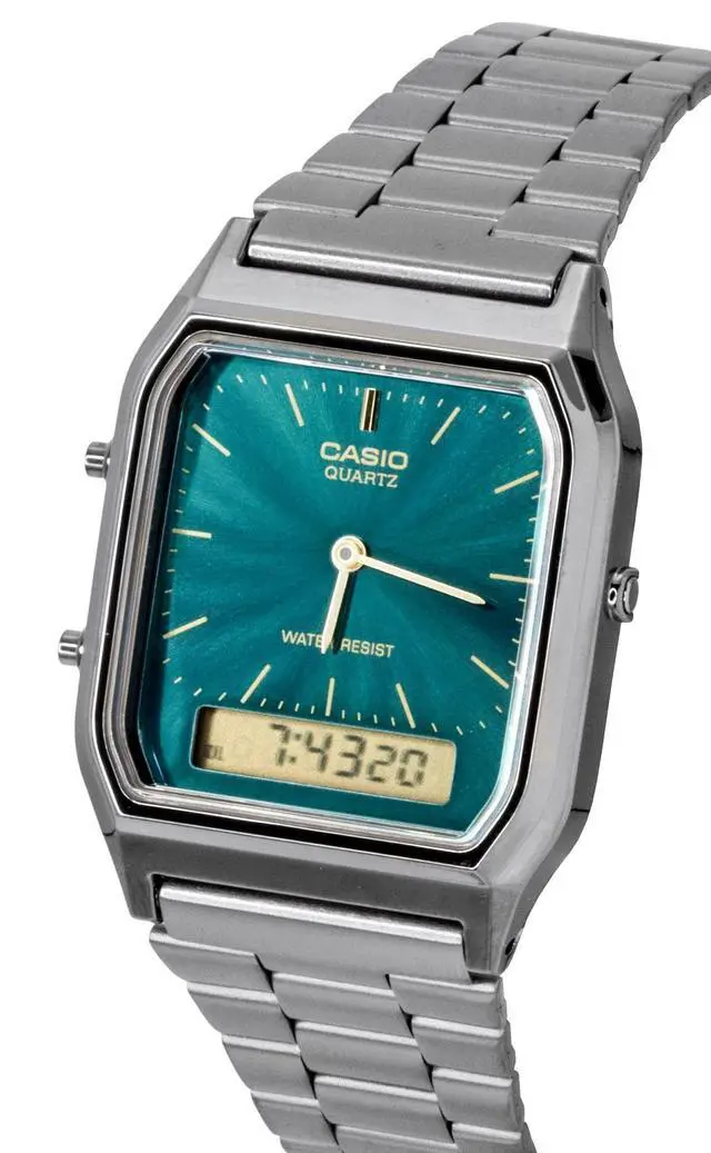 Alt view image 2 of 6 - Casio Vintage Analog Digital Stainless Steel Green Dial Quartz AQ-230EGG-3A Unisex Watch