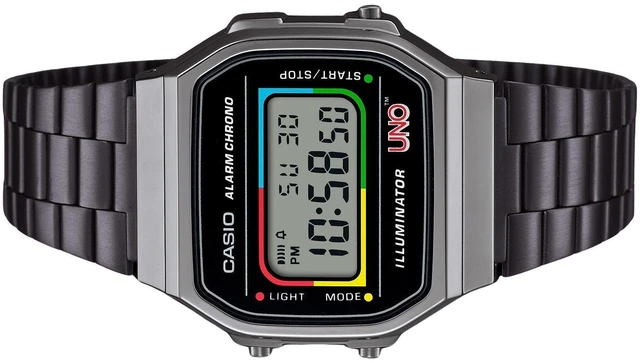Alt view image 3 of 3 - Casio Vintage Digital UNO Collaboration Model Stainless Steel Bracelet Quartz A168WEUC-1A Unisex Watch