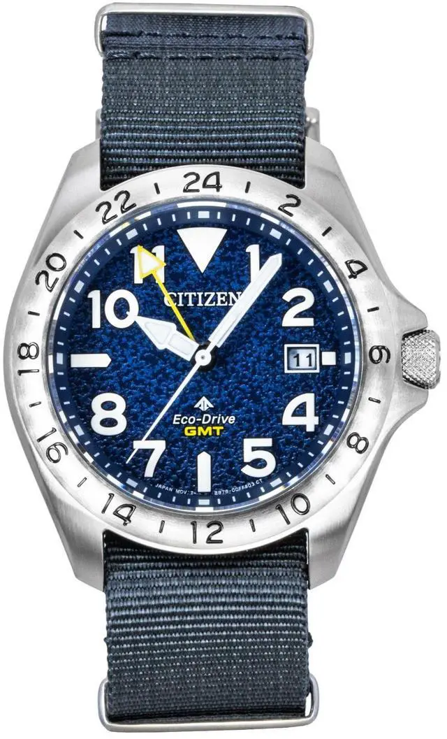 Main image of Citizen Promaster Land GMT Analog Grey Nylon Strap Navy Blue Dial Eco-Drive Diver's BJ7150-09L 200M Men's Watch