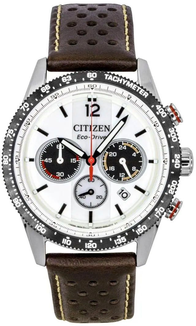 Main image of Citizen Eco-Drive Chronograph Analog Brown Leather Strap White Dial Solar CA4714-04A 100M Men's Watch