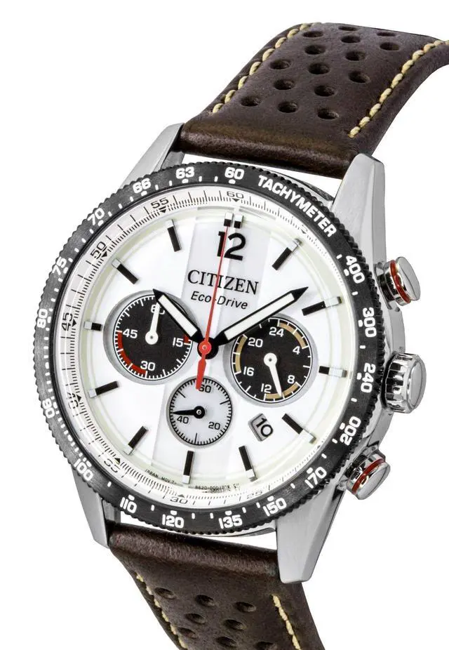 Alt view image 3 of 4 - Citizen Eco-Drive Chronograph Analog Brown Leather Strap White Dial Solar CA4714-04A 100M Men's Watch