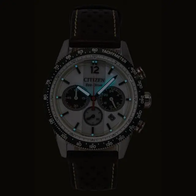 Alt view image 2 of 4 - Citizen Eco-Drive Chronograph Analog Brown Leather Strap White Dial Solar CA4714-04A 100M Men's Watch