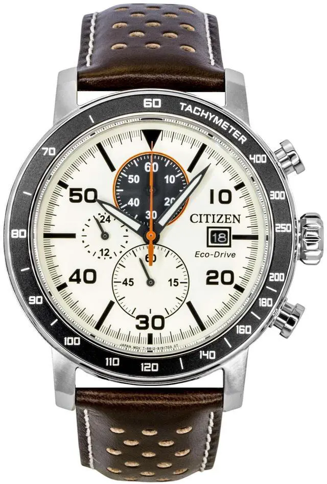 Main image of Citizen Brycen Chronograph Brown Leather Strap Ivory Dial Eco-Drive CA0649-06X 100M Men's Watch