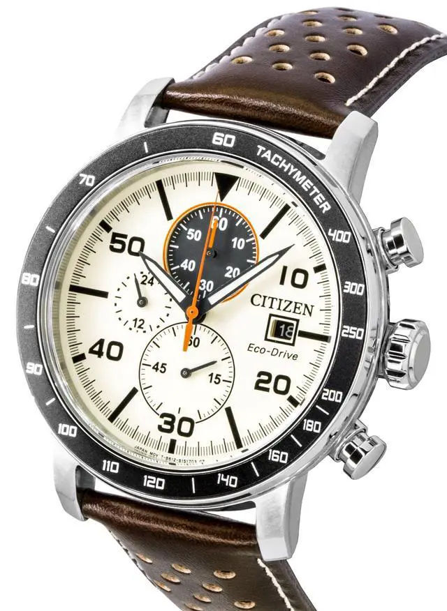 Alt view image 3 of 4 - Citizen Brycen Chronograph Brown Leather Strap Ivory Dial Eco-Drive CA0649-06X 100M Men's Watch