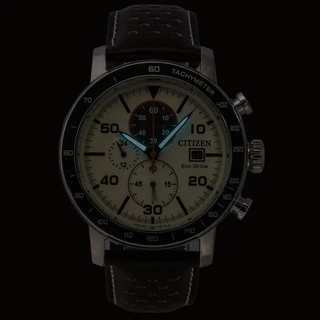 Alt view image 2 of 4 - Citizen Brycen Chronograph Brown Leather Strap Ivory Dial Eco-Drive CA0649-06X 100M Men's Watch