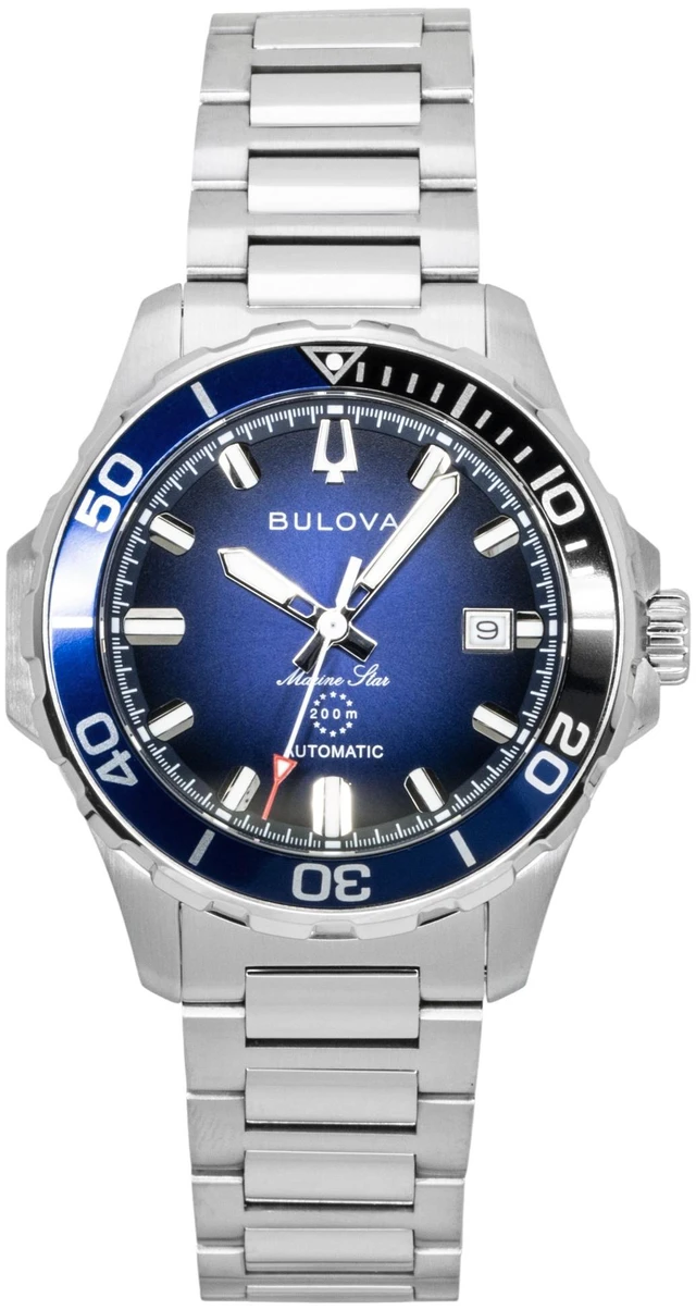 Main image of Bulova 98B466 Mens Marine Star Series B Automatic Watch - Silver-Tone Stainless/Blue