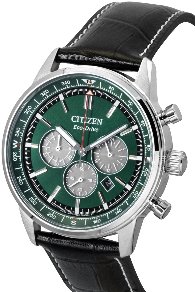 Alt view image 3 of 4 - Citizen Eco-Drive Chronograph Leather Strap Green Dial CA4720-01X 100M Men's Watch