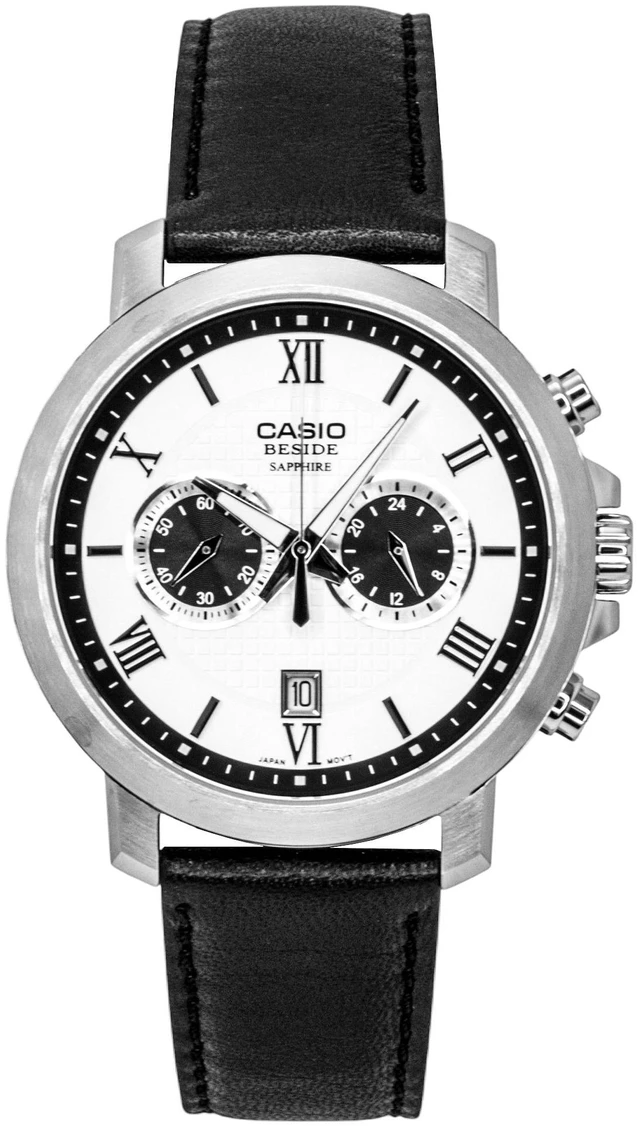 Alt view image 5 of 7 - Casio Beside Chronograph Analog Leather Strap White Dial Quartz BMS-500L-7A Men's Watch