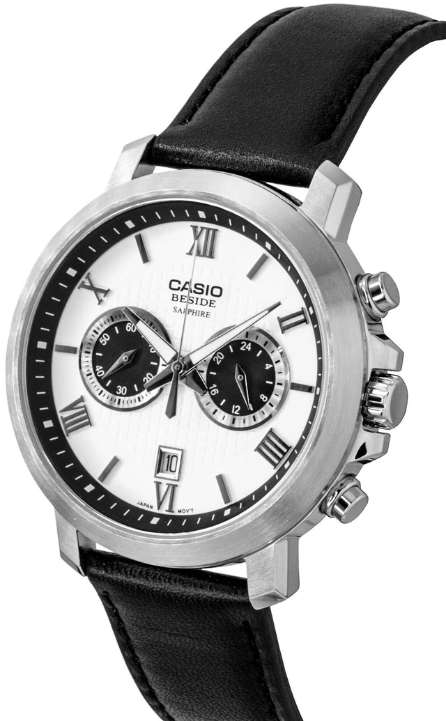 Alt view image 7 of 7 - Casio Beside Chronograph Analog Leather Strap White Dial Quartz BMS-500L-7A Men's Watch