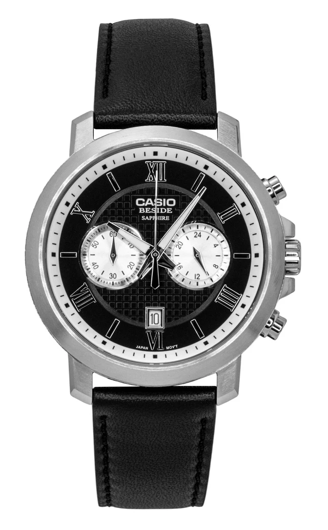 Alt view image 5 of 7 - Casio Beside Chronograph Analog Leather Strap Black Dial Quartz BMS-500L-1A Men's Watch
