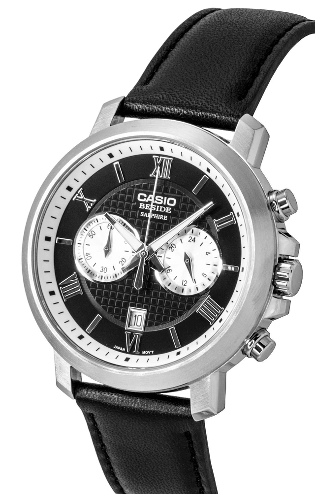 Alt view image 7 of 7 - Casio Beside Chronograph Analog Leather Strap Black Dial Quartz BMS-500L-1A Men's Watch