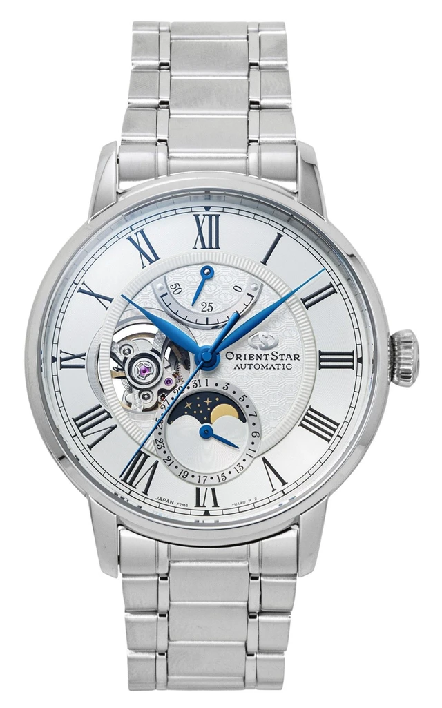Main image of Orient Star M45 F7 Mechanical Moon Phase Stainless Steel White Open Heart Dial Automatic RE-BT0005S Men's Watch