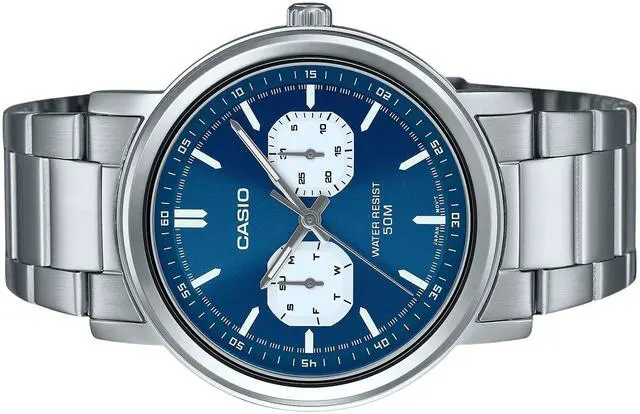 Alt view image 2 of 6 - Casio MTP-E335D-2E1V Stainless Steel Blue Dial Day/Date Quartz Analog Mens Watch