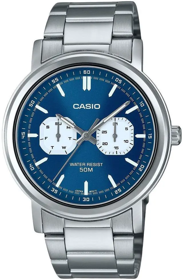 Main image of Casio MTP-E335D-2E1V Stainless Steel Blue Dial Day/Date Quartz Analog Mens Watch