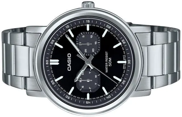 Main image of Casio MTP-E335D-1EV Stainless Steel Black Dial Day/Date Quartz Analog Mens Watch