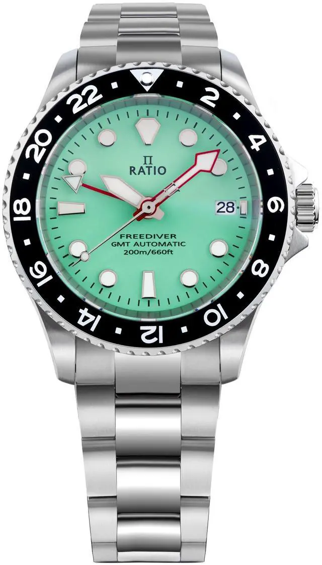 Main image of RATIO FreeDiver GMT Series Sapphire Crystal Stainless Steel Green Dial Automatic RTF059 200M Mens Watch