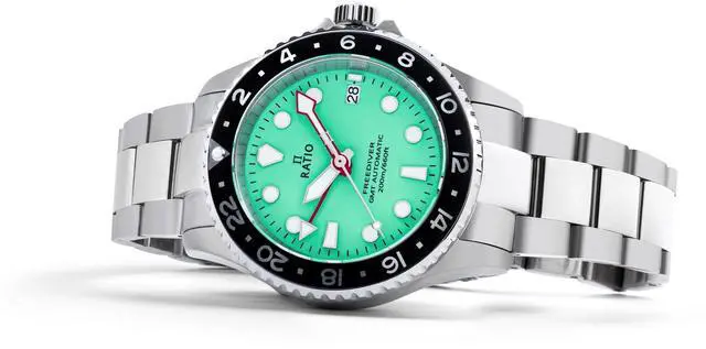 Alt view image 4 of 5 - RATIO FreeDiver GMT Series Sapphire Crystal Stainless Steel Green Dial Automatic RTF059 200M Mens Watch