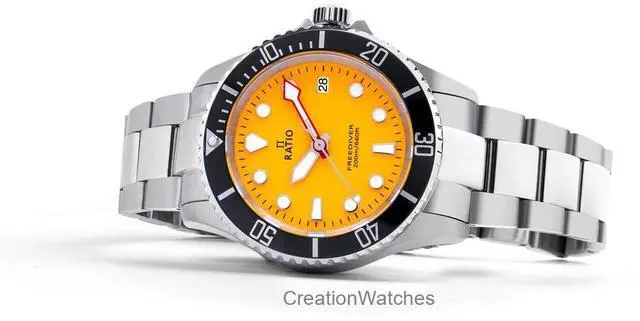 Alt view image 4 of 7 - RATIO FreeDiver Sapphire Crystal Stainless Steel Yellow Dial Quartz RTF034 200M Men's Watch