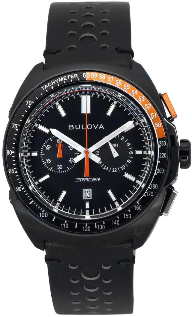 Alt view image 5 of 7 - Bulova Racer Chronograph Leather Strap Black Dial Quartz 98B428 100M Men's Watch