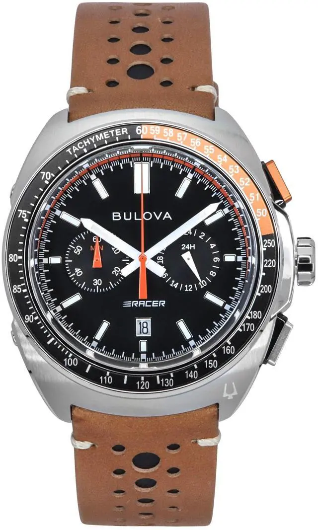 Alt view image 5 of 10 - Bulova Racer Chronograph Leather Strap Black Dial Quartz 98B427 100M Men's Watch