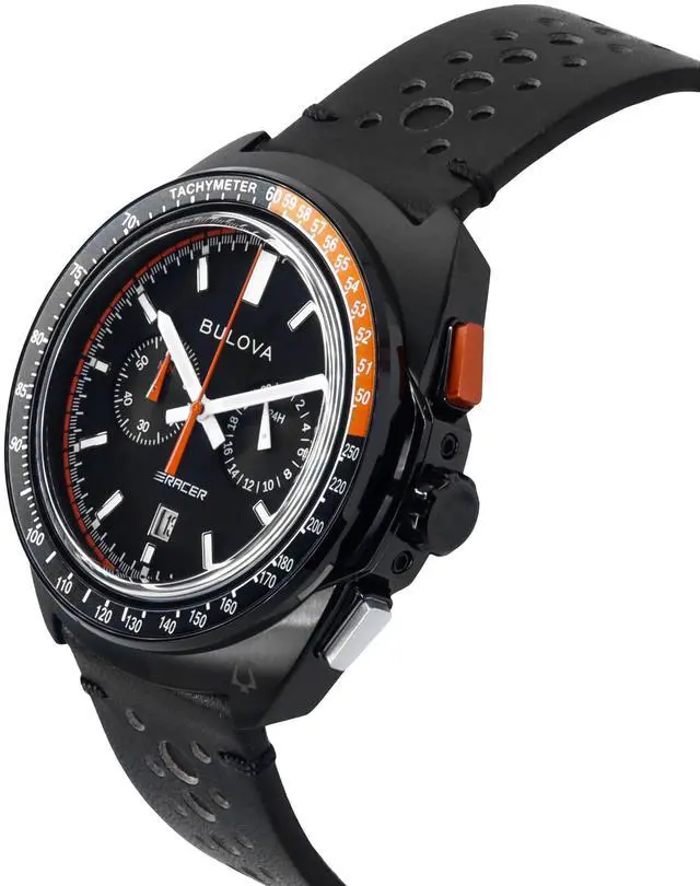 Alt view image 7 of 7 - Bulova Racer Chronograph Leather Strap Black Dial Quartz 98B428 100M Men's Watch