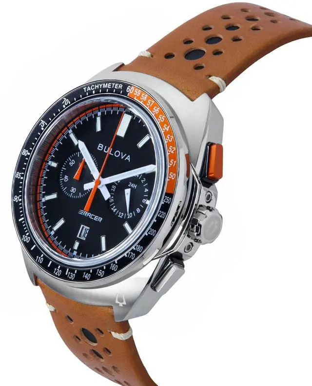 Alt view image 7 of 10 - Bulova Racer Chronograph Leather Strap Black Dial Quartz 98B427 100M Men's Watch