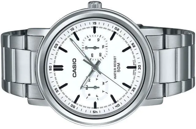 Alt view image 3 of 3 - Casio MTP-E335D-7EV Stainless Steel White Dial Day/Date Quartz Analog Mens Watch
