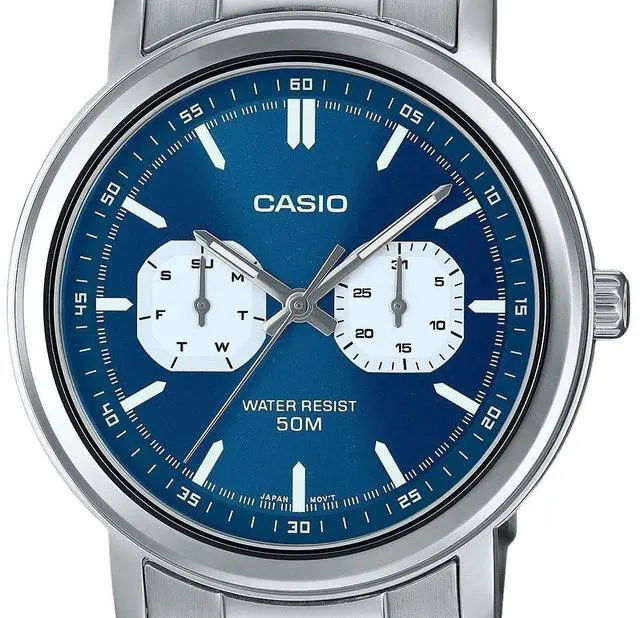 Alt view image 5 of 6 - Casio MTP-E335D-2E1V Stainless Steel Blue Dial Day/Date Quartz Analog Mens Watch