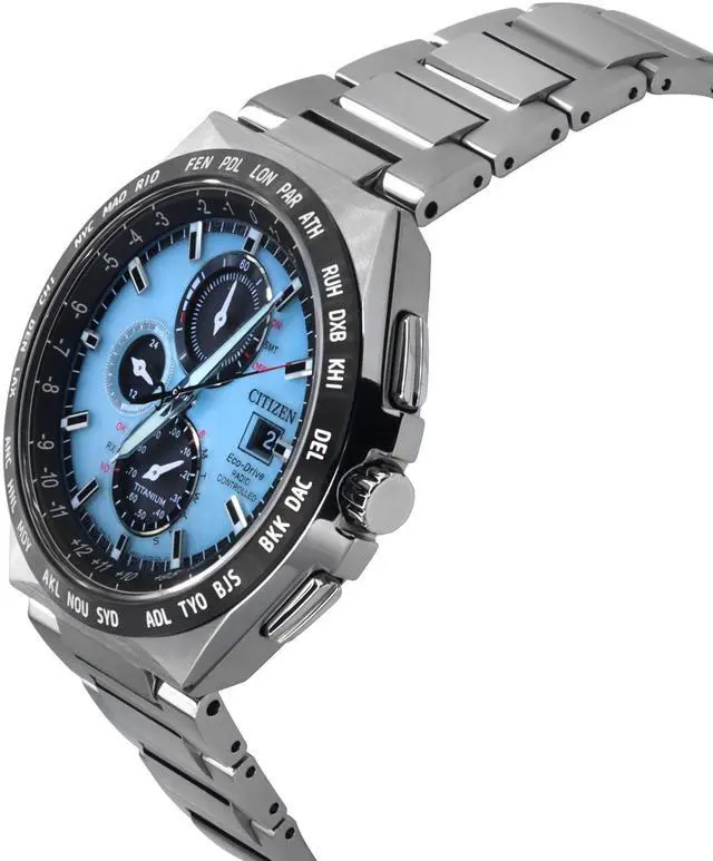 Alt view image 3 of 4 - Citizen Eco-Drive GMT Chronograph Light Blue Dial 100M Men's Watch AT8238-84M