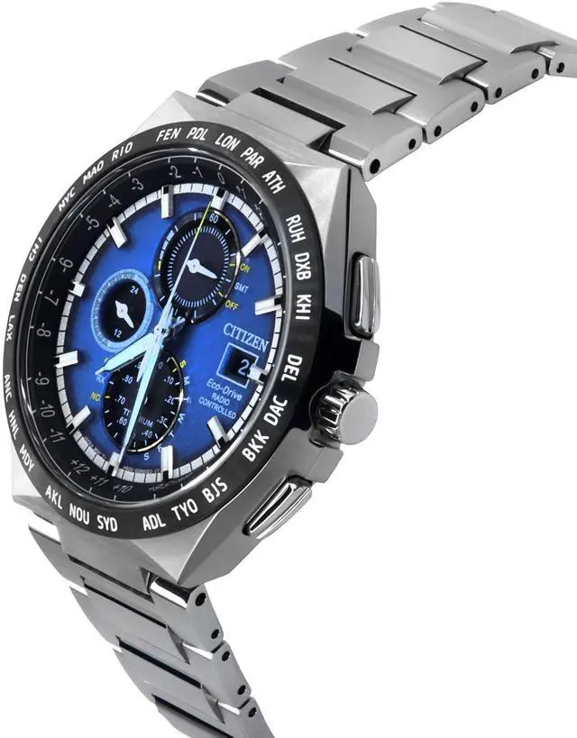 Alt view image 7 of 7 - Citizen Eco-Drive GMT Chronograph Titanium Blue Dial 100M Men's Watch AT8238-84L