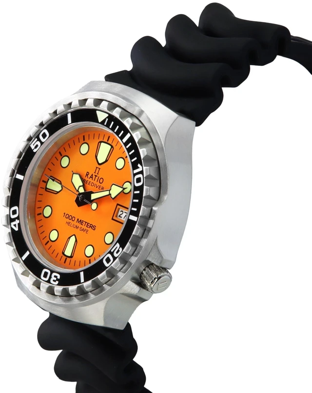 Alt view image 7 of 7 - RATIO FreeDiver Version 02 Helium Safe 1000M Sapphire Crystal Quartz Orange Dial 1038EF102V-ORG-V02 Mens Watch