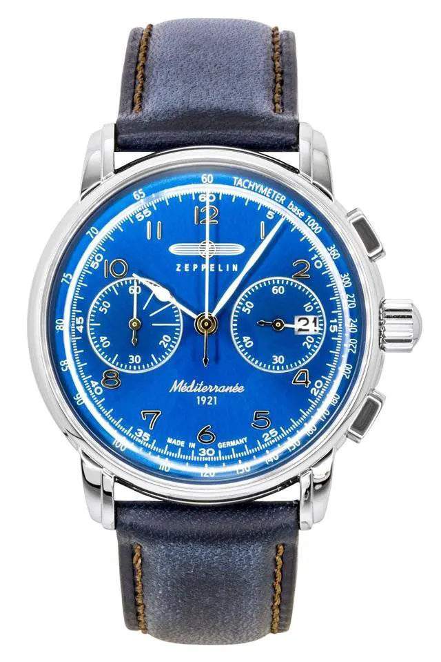 Alt view image 4 of 6 - Zeppelin Mediterranee Chronograph Leather Strap Blue Dial Quartz 96703 Men's Watch