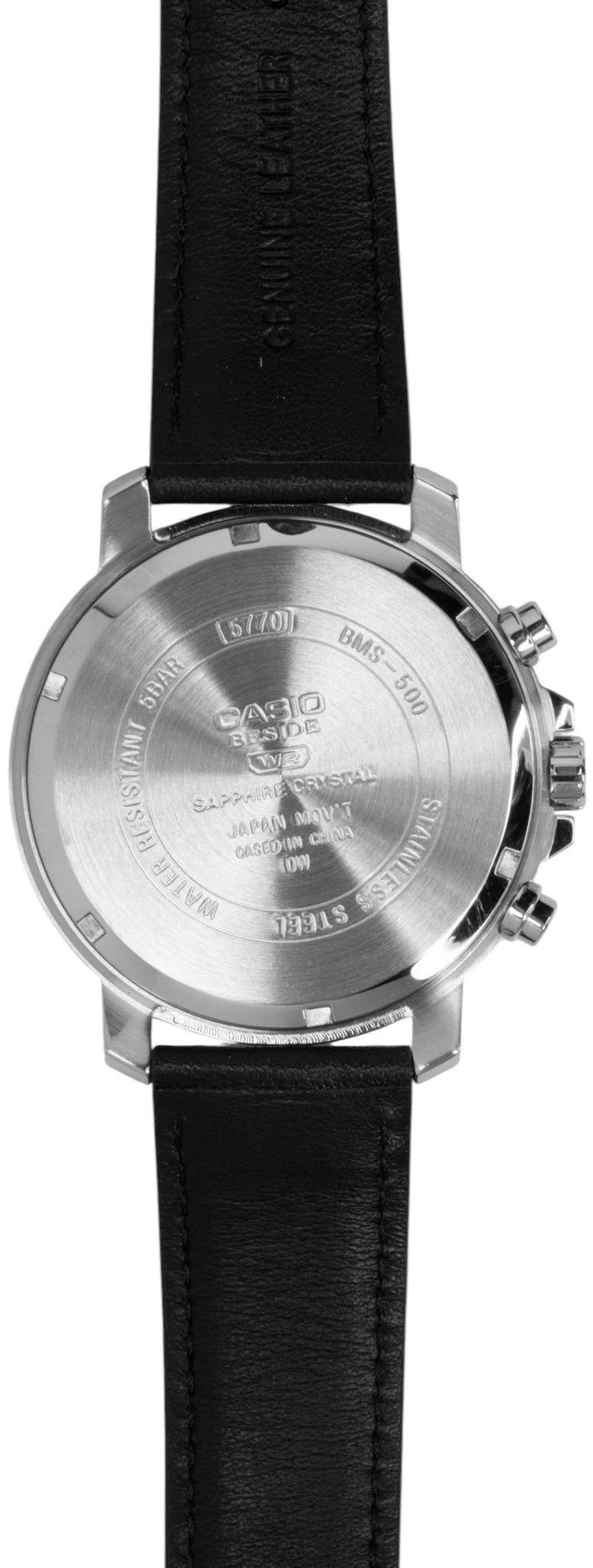 Alt view image 4 of 7 - Casio Beside Chronograph Analog Leather Strap White Dial Quartz BMS-500L-7A Men's Watch