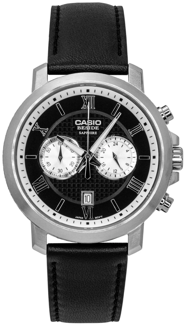 Main image of Casio Beside Chronograph Analog Leather Strap Black Dial Quartz BMS-500L-1A Men's Watch