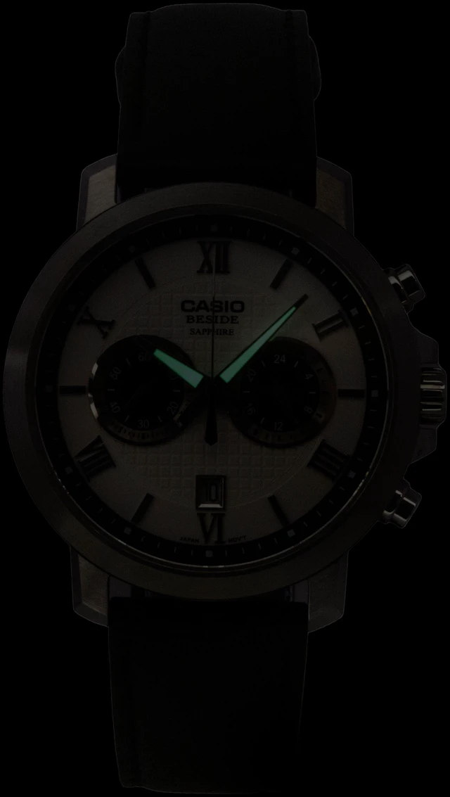 Alt view image 2 of 7 - Casio Beside Chronograph Analog Leather Strap White Dial Quartz BMS-500L-7A Men's Watch