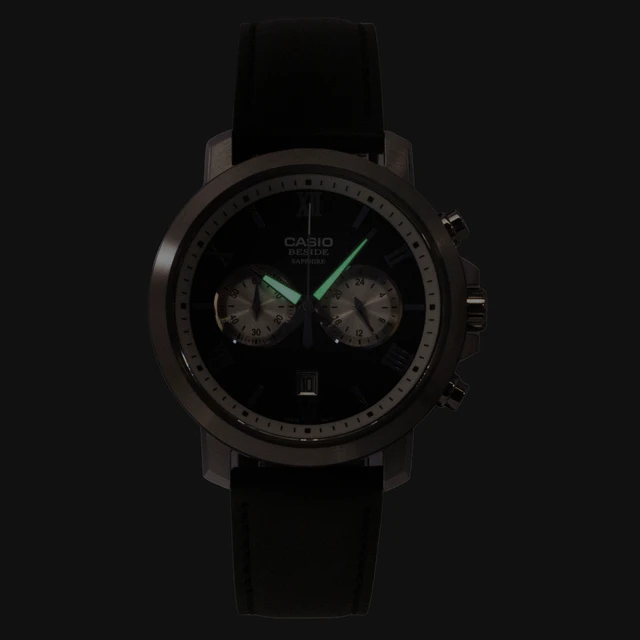Alt view image 2 of 7 - Casio Beside Chronograph Analog Leather Strap Black Dial Quartz BMS-500L-1A Men's Watch