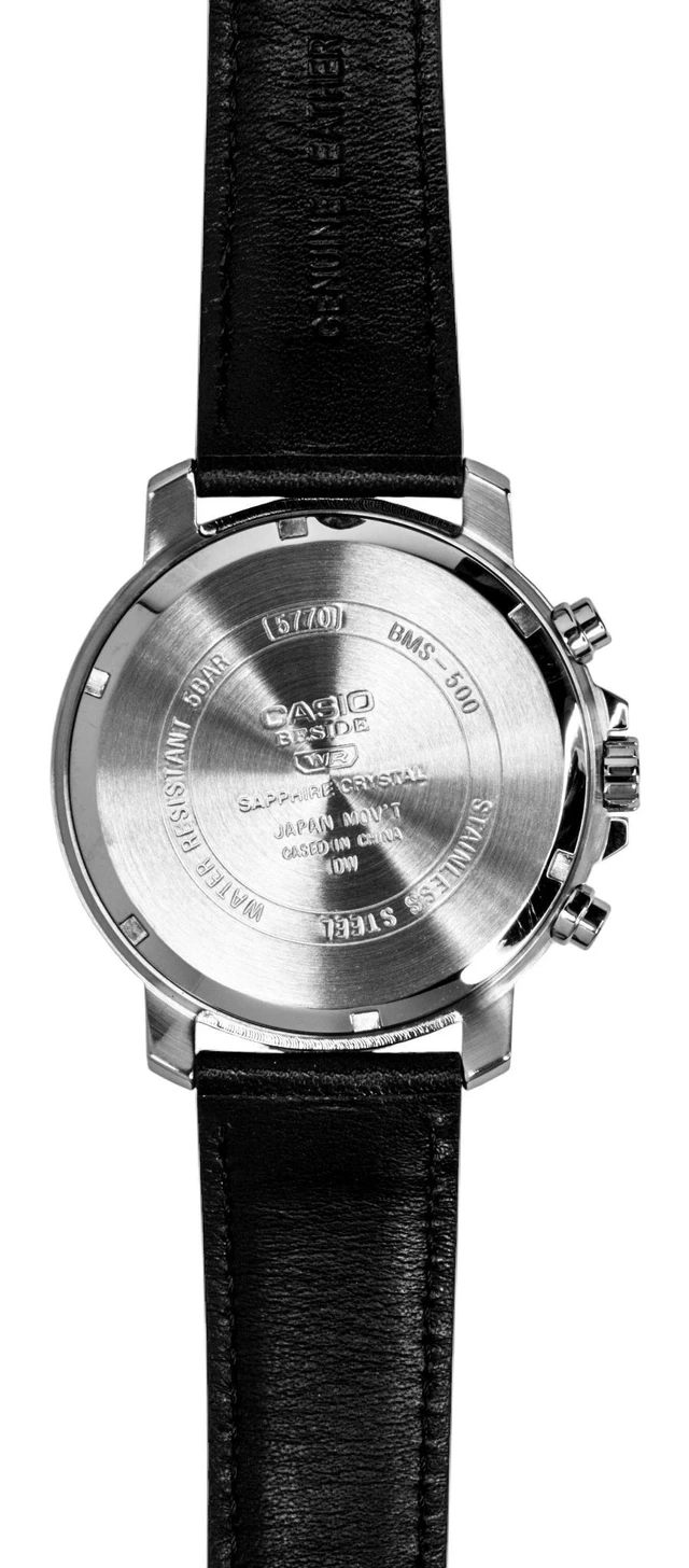 Alt view image 4 of 7 - Casio Beside Chronograph Analog Leather Strap Black Dial Quartz BMS-500L-1A Men's Watch