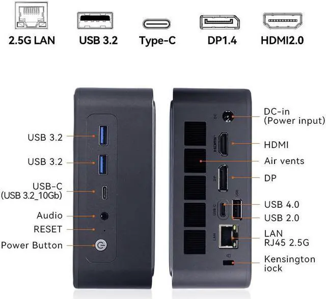 Alt view image 2 of 7 - Maxtang Mini PC Gaming Ryzen 8845HS [up to 5.1GHz] DDR5 5600MHz [up to 96GB] Ram M.2 2280 NVMe Quiet Mini Desktop Computer USBC4 LAN [2.5GbE] Security Lock Gray 32GB RAM / 1TB NVME SSD Windows 11 pro