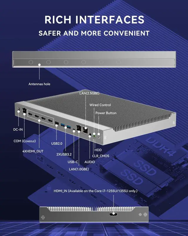 Alt view image 4 of 7 - Maxtang Fanless Mini PC Intel i5-1235U [up to 4.4GHz 10C / 12T] DDR4 Ram M.2 SSD 2LAN[RJ45] Support 4HDMI_Out for Multiple displays Plus RTC Function (16GB RAM / 512GB SSD Windows 11 Pro)