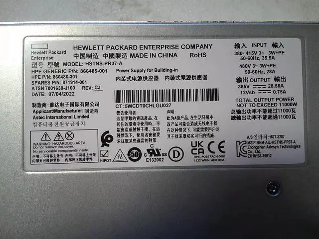 Alt view image 4 of 4 - HPE 871914-001 866486-301 HSTNS-PR37-A Apollo 11000W Chassis Power Supply