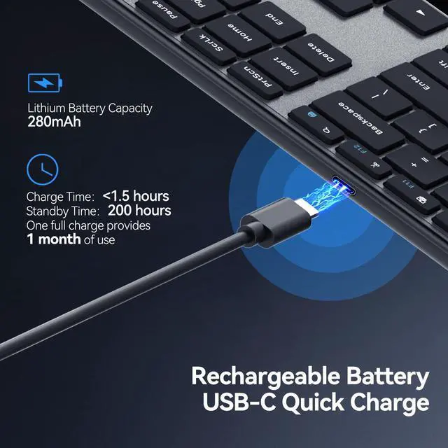 Alt view image 4 of 7 - AUSDOM Wireless Bluetooth Keyboard Full Size, Quiet Slim Multi-Device Rechargeable Cordless QWERTY Keyboard with Number Pad, Low Profile Silent Flat Universal Keyboard for Computer/Mac/Windows
