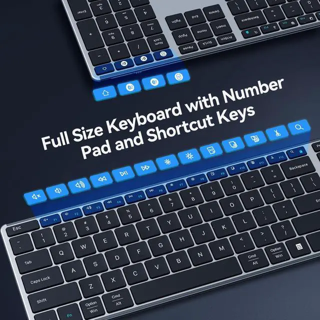 Alt view image 5 of 7 - AUSDOM Wireless Bluetooth Keyboard Full Size, Quiet Slim Multi-Device Rechargeable Cordless QWERTY Keyboard with Number Pad, Low Profile Silent Flat Universal Keyboard for Computer/Mac/Windows